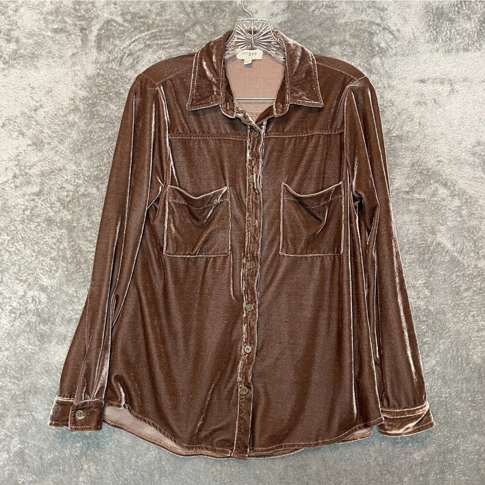 Umgee Women Velvet Soft Heavy Mocha Long Sleeve Collared Button Up Shirt S